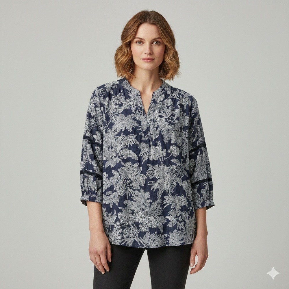 Tori Richard Women's XS Blue Floral 3/4 Sleeve Blouse Casual Relaxed